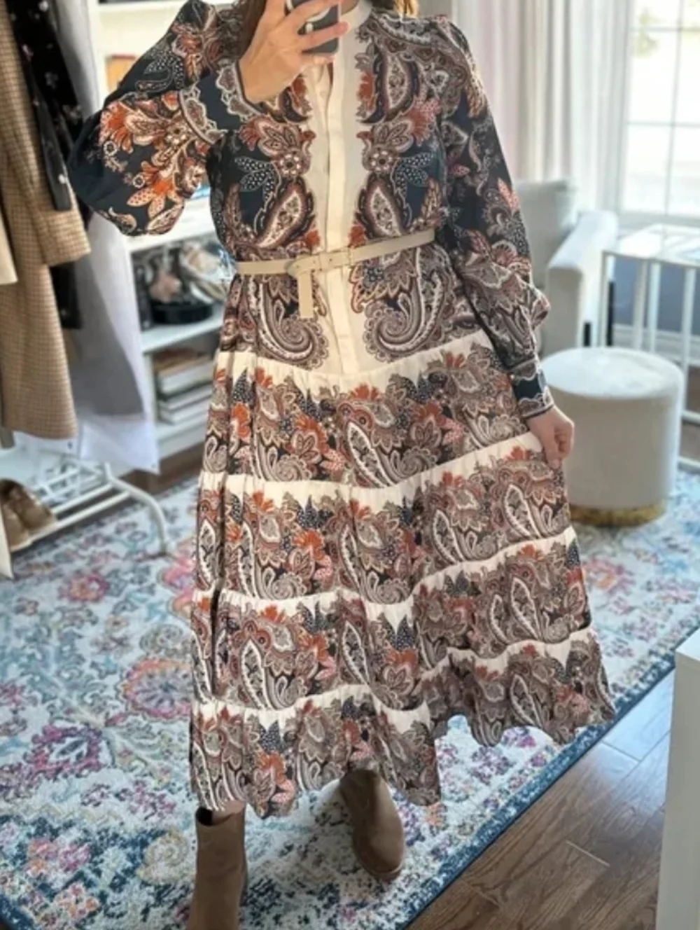 Sz M H&M Dress With Tiered Skirt New Blue Beige/Paisley - Picture 4 of 4